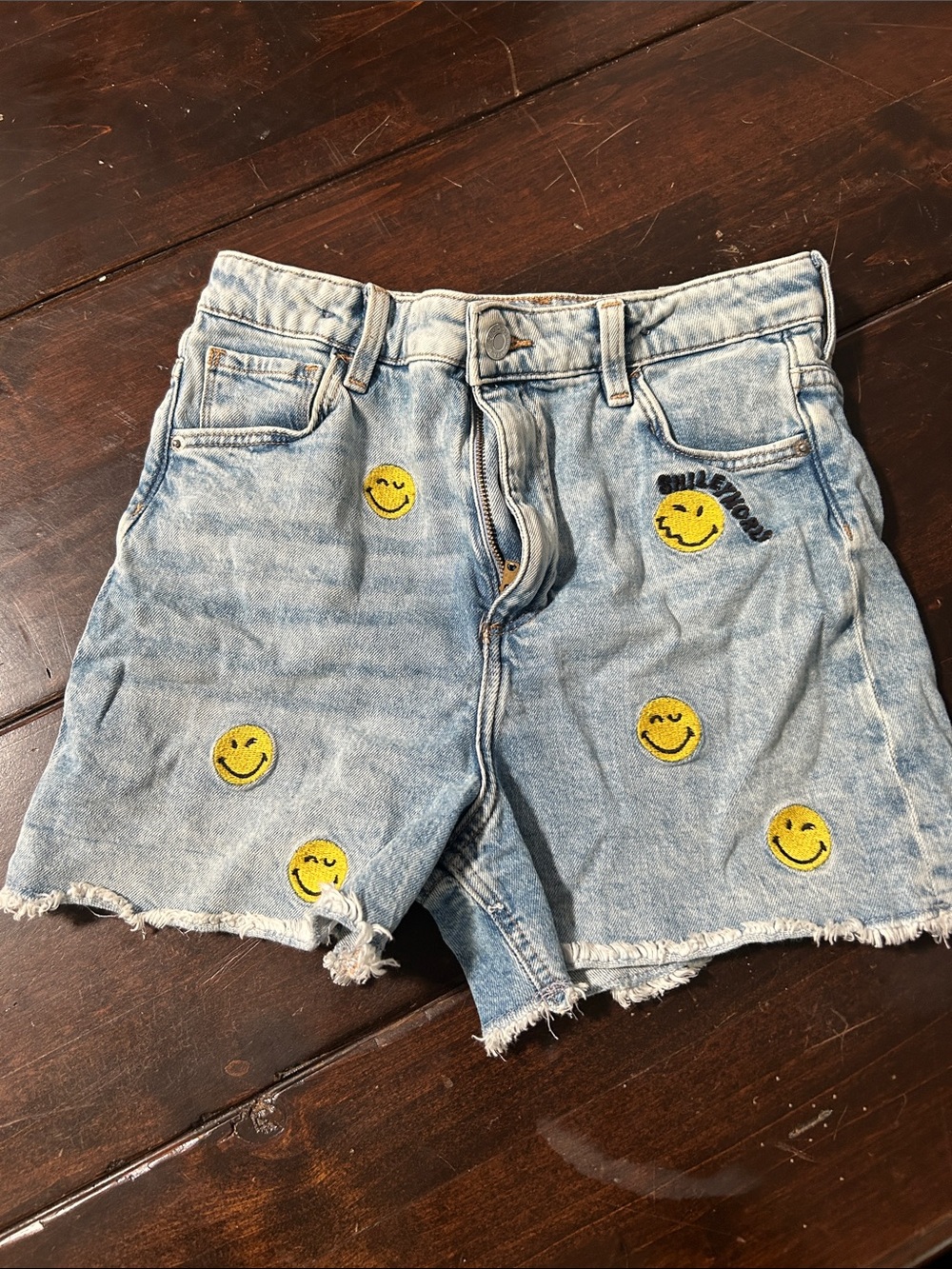 H&M Light Blue Denim Shorts with Yellow Smiley Patches